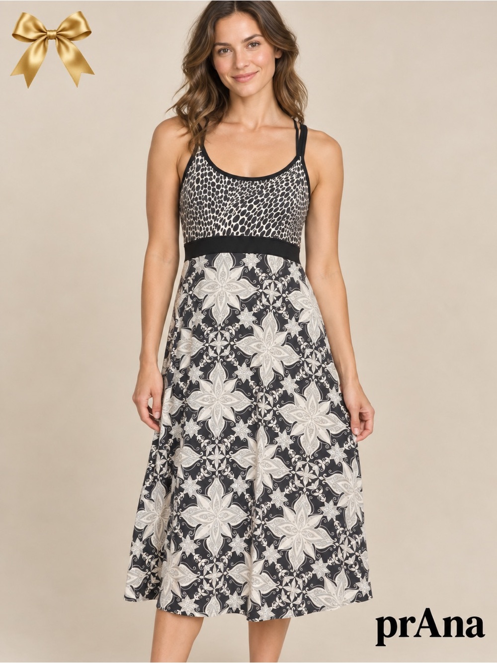 prAna Mixed Print Racerback Midi Dress Built-In Bra Black Gray M